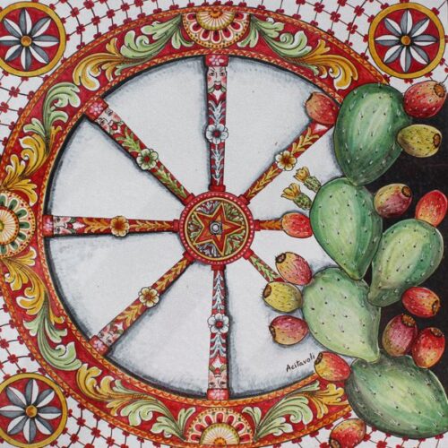 Tavolo Ruota del Carretto Siciliano con decoro di Fichi d'India